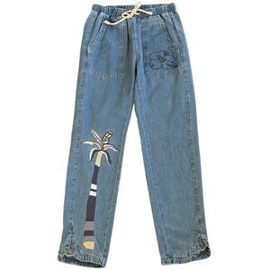 EUC Anthropologie Pilcro Blue Beach Cottage Tie Waist Embroidered Jeans Size XS
